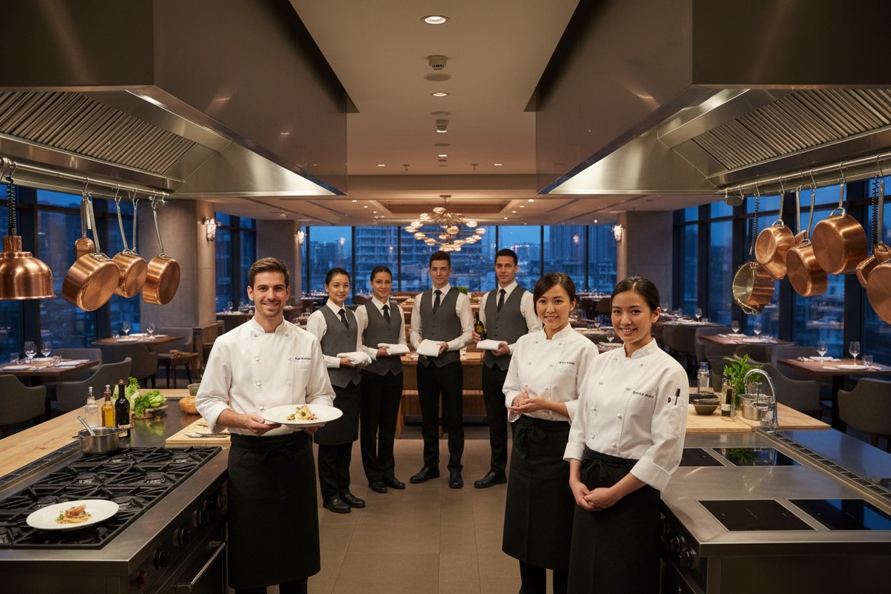 A diverse team of chefs and servers in professional uniforms stand in a modern restaurant kitchen with copper pots hanging above them.