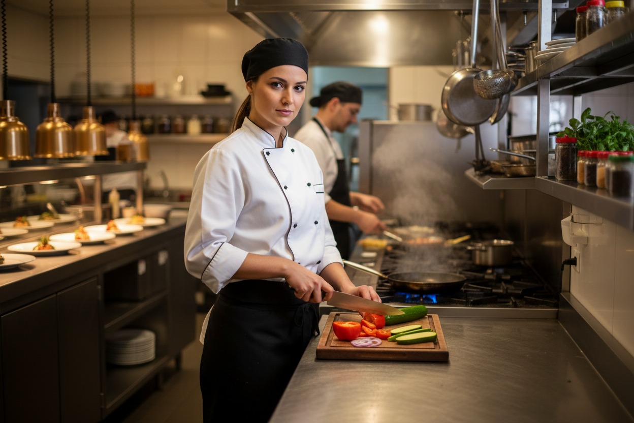 A female chef in a white uniform chops vegetables on a wooden cutting board in a professional restaurant kitchen.