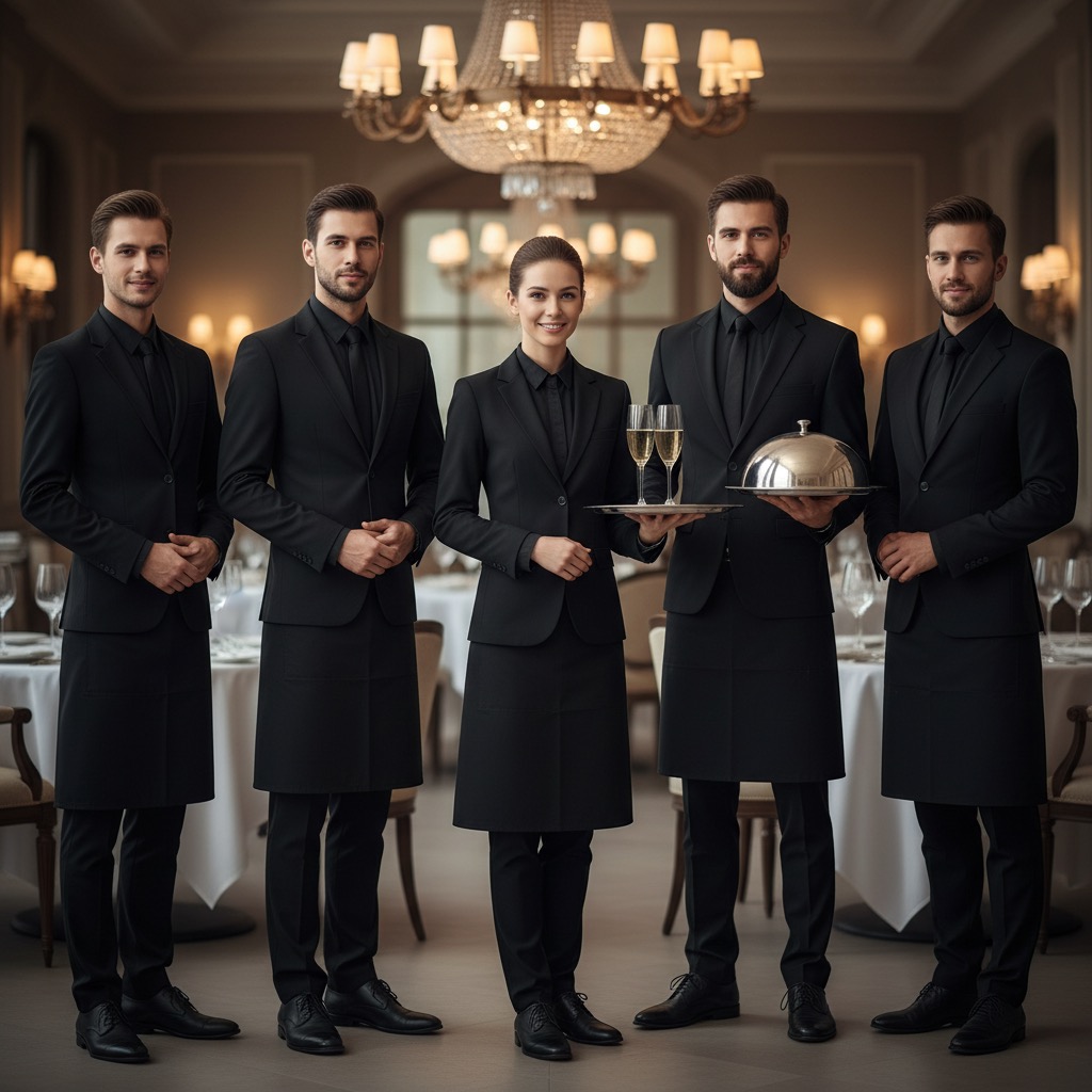 Five restaurant staff in black uniforms stand in a row inside a formal dining room, with the woman in the center holding a tray of champagne glasses and the man next to her holding a covered silver platter.